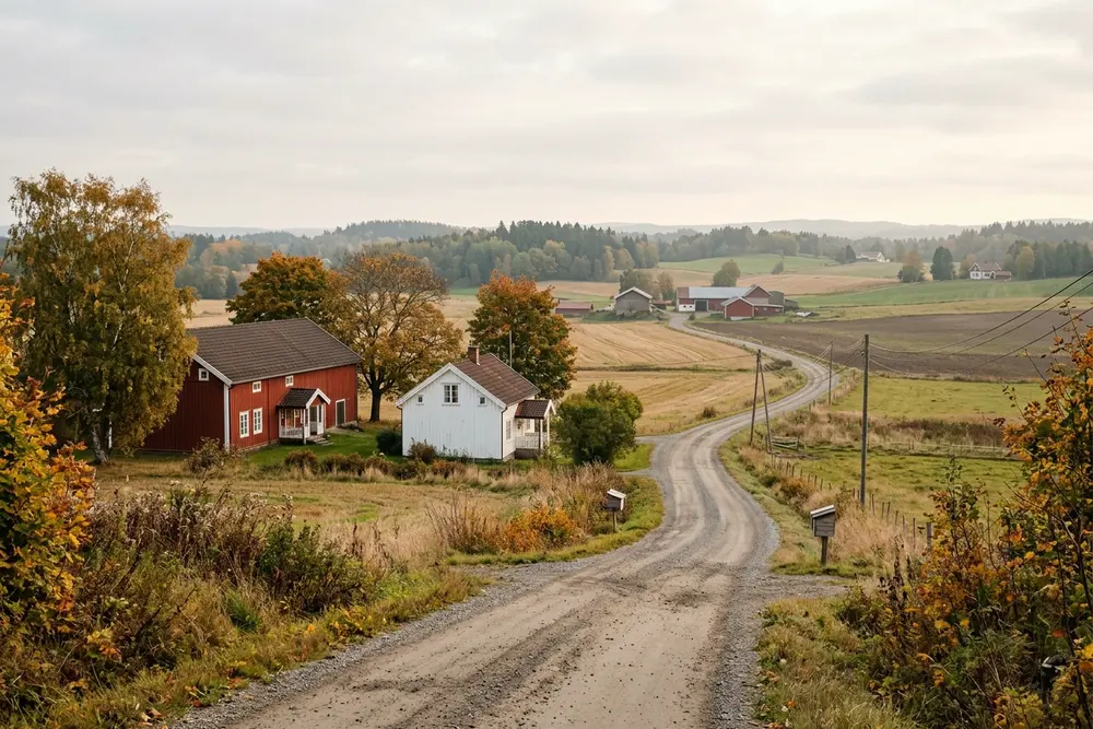 Åkerlandskap i Østfold med røde og hvite trehus og en landevei i høstlys