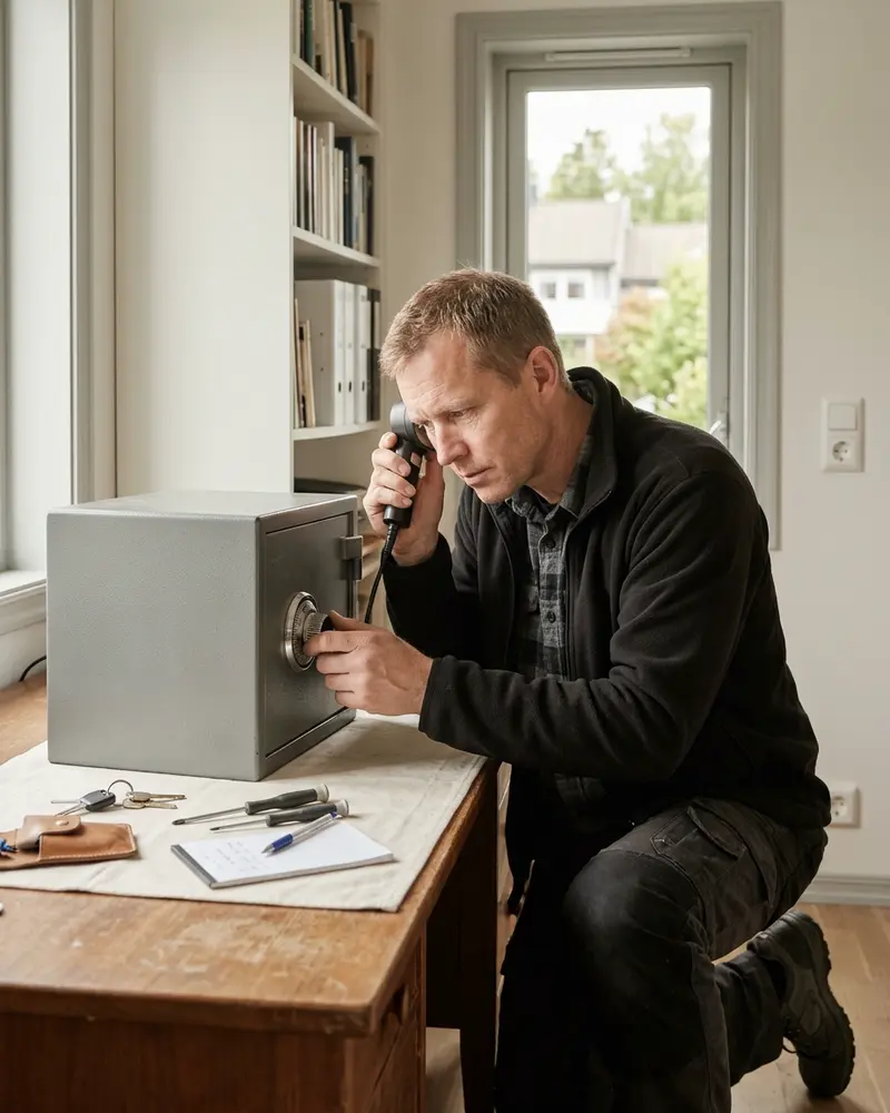 Låsesmed lytter ved dreieskiven på en liten grå hjemmesafe