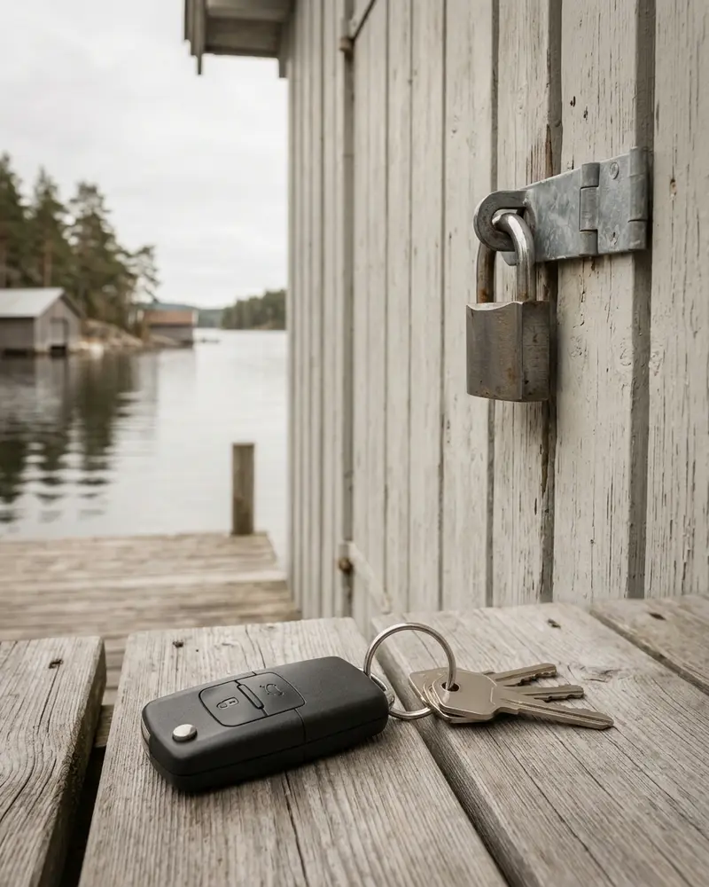 Hengelås på naustdør ved en innsjø og bilnøkler i forgrunnen